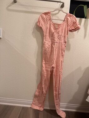 Pink Gingham Puff Sleeve Jumpsuit